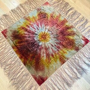 Antique Victorian Crushed Velvet Fringe Bohemian Tye Dye Tablecloth Tapestry